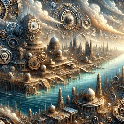 Primary subject: A city with a large clock tower and a river.

Setting/background: The city is set in a futuristic environment with a mix of old and new architecture. The river is surrounded by buildings and features a bridge.

Visual style: The image is a digital art piece, featuring intricate details and a unique visual style.

Colors and mood: The colors in the image are predominantly blue and silver, creating a calm and futuristic atmosphere.